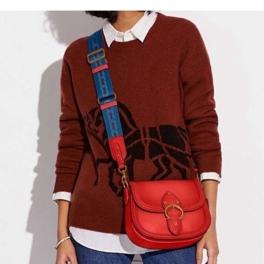 Coach Beat Saddle Bag Red Glovetanned Leather Crossbody C3738 Blue Strap - Picture 2 of 12